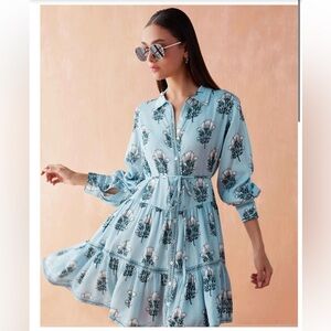 Omika Tula Mini Dress Belted Tie Long Sleeve Shirtdress Milo Lake Blue Med NWT